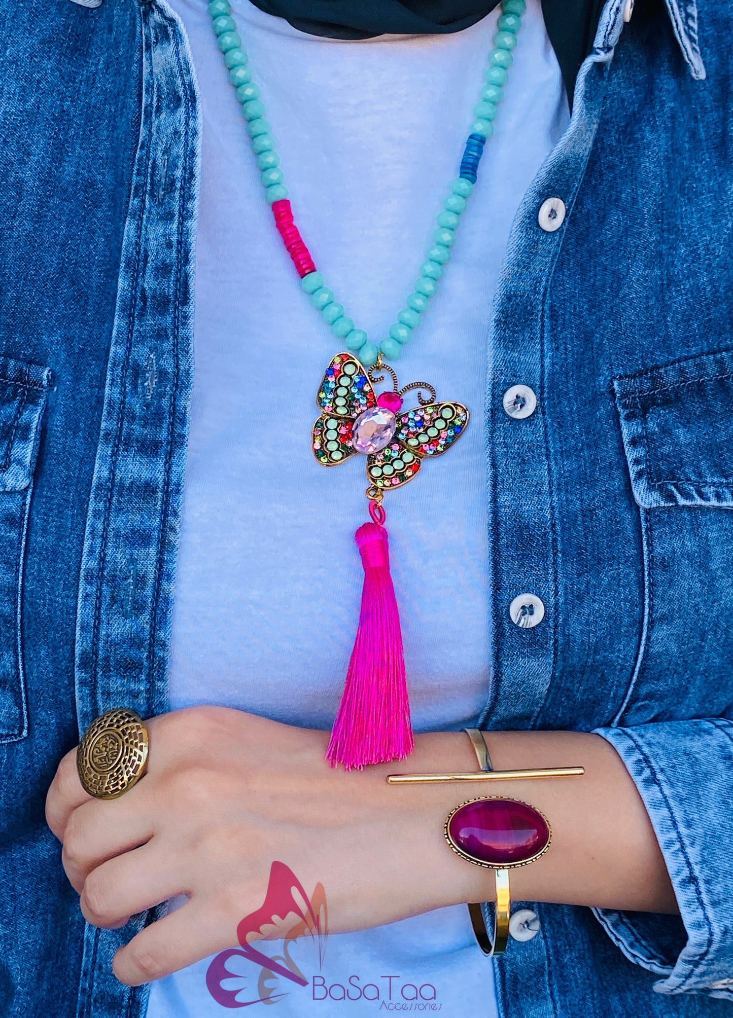 Green & Pink Butterfly Necklace