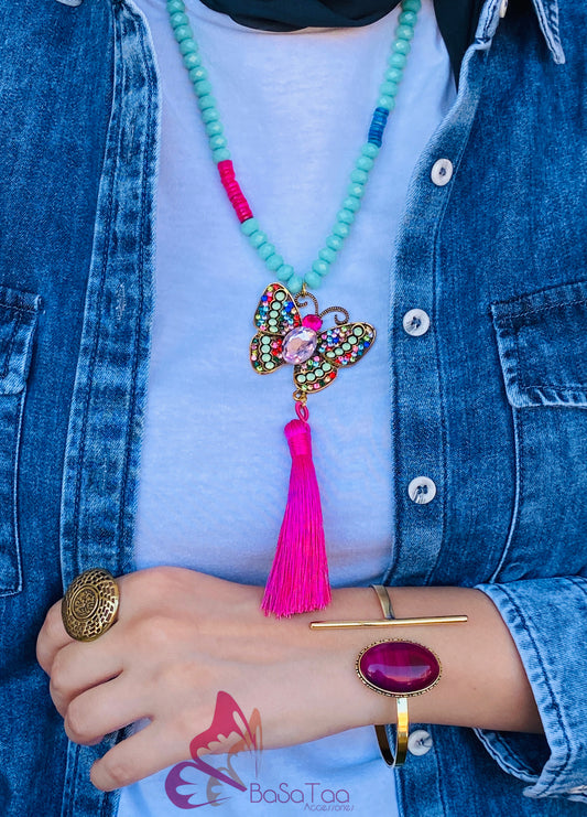 Green & Pink Butterfly Necklace