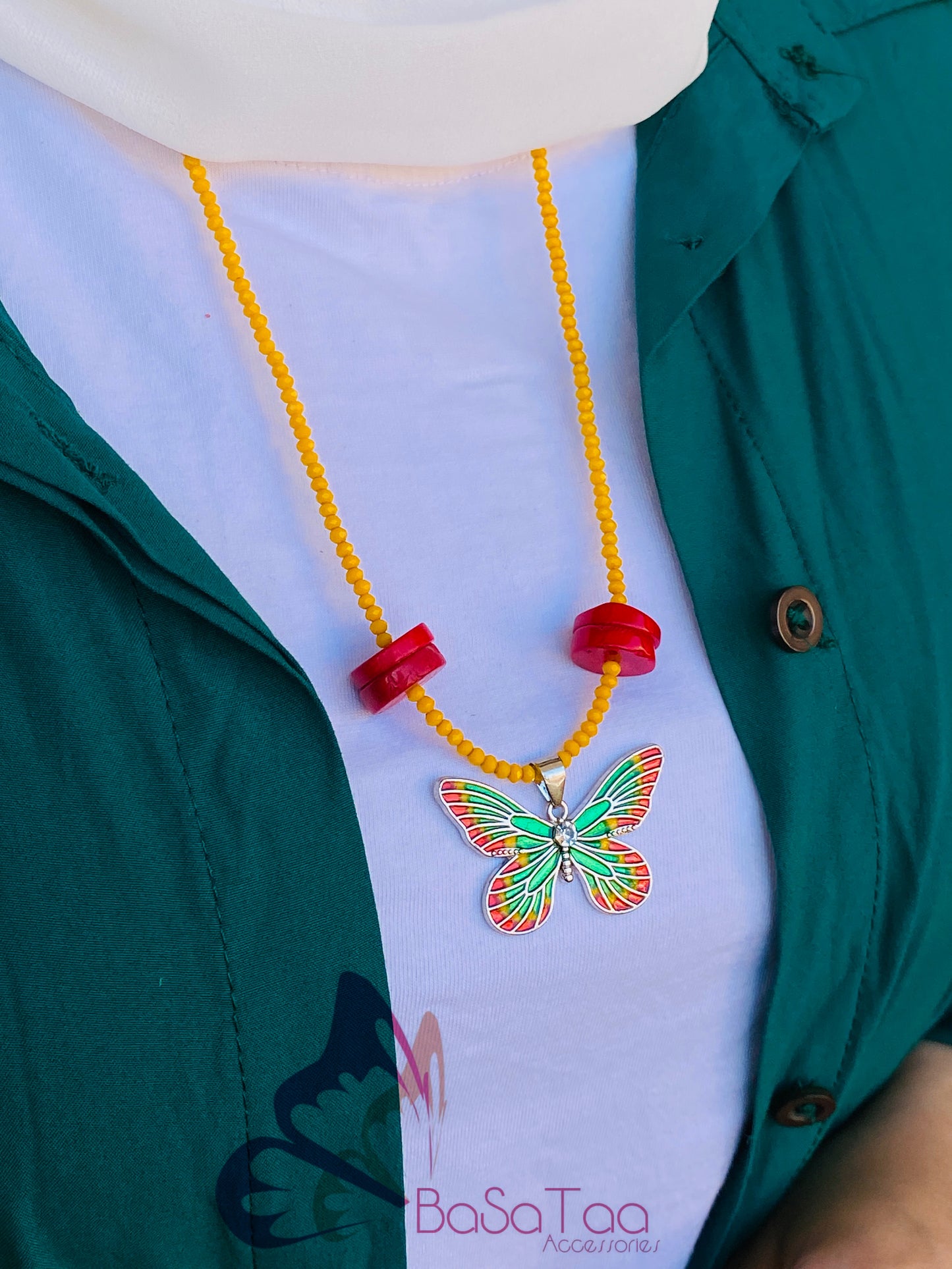 Stripped Red Butterfly Necklace